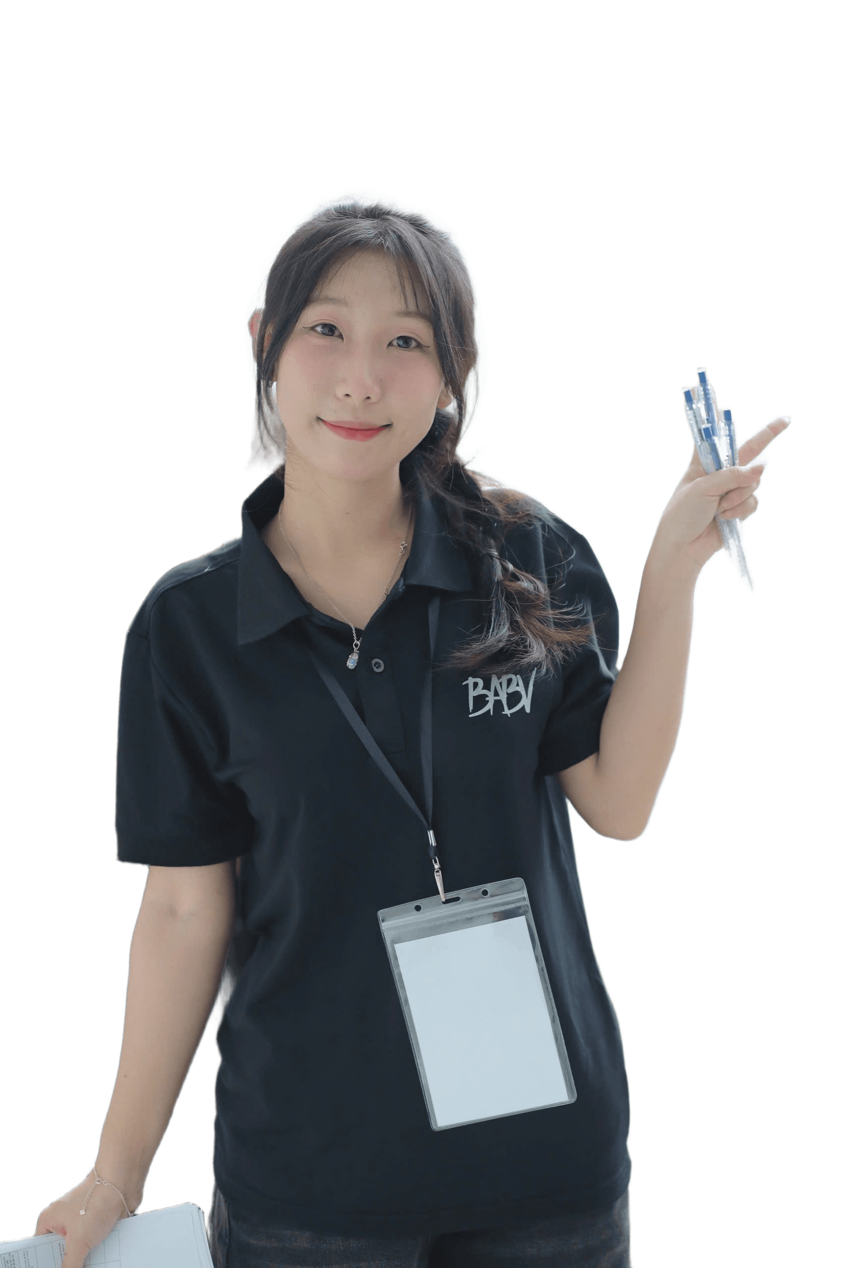 AI Background Removal: Woman with Pens & ID Badge | BgRemovit