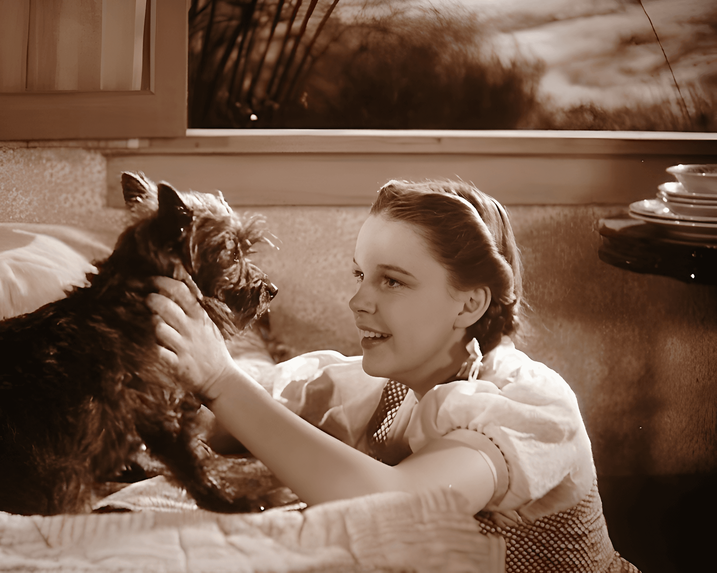 Enhanced Sepia Photo: Dorothy & Toto Sharpened by AI