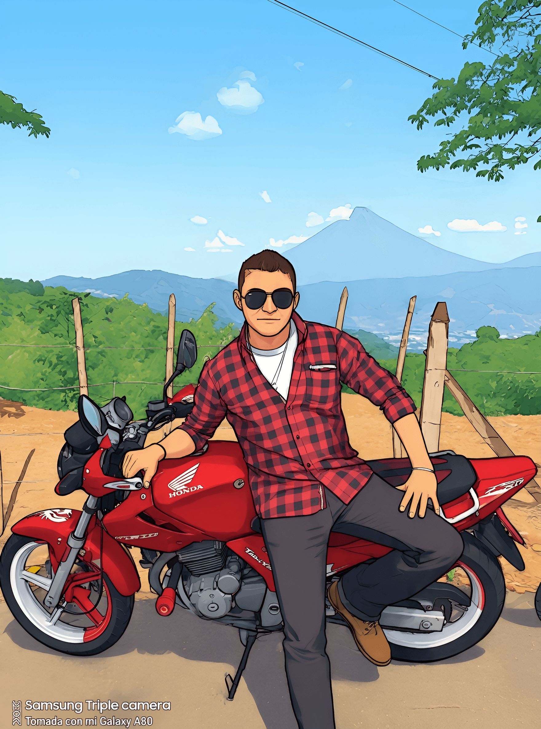 Upscale Cartoon Image of Man on Motorcycle with AI