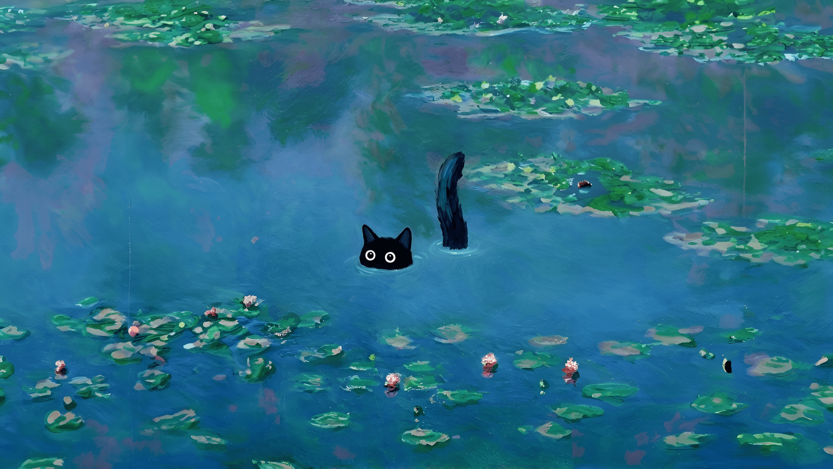 Upscale Digital Painting of Cat in Water with Lily Pads | BgRemovit
