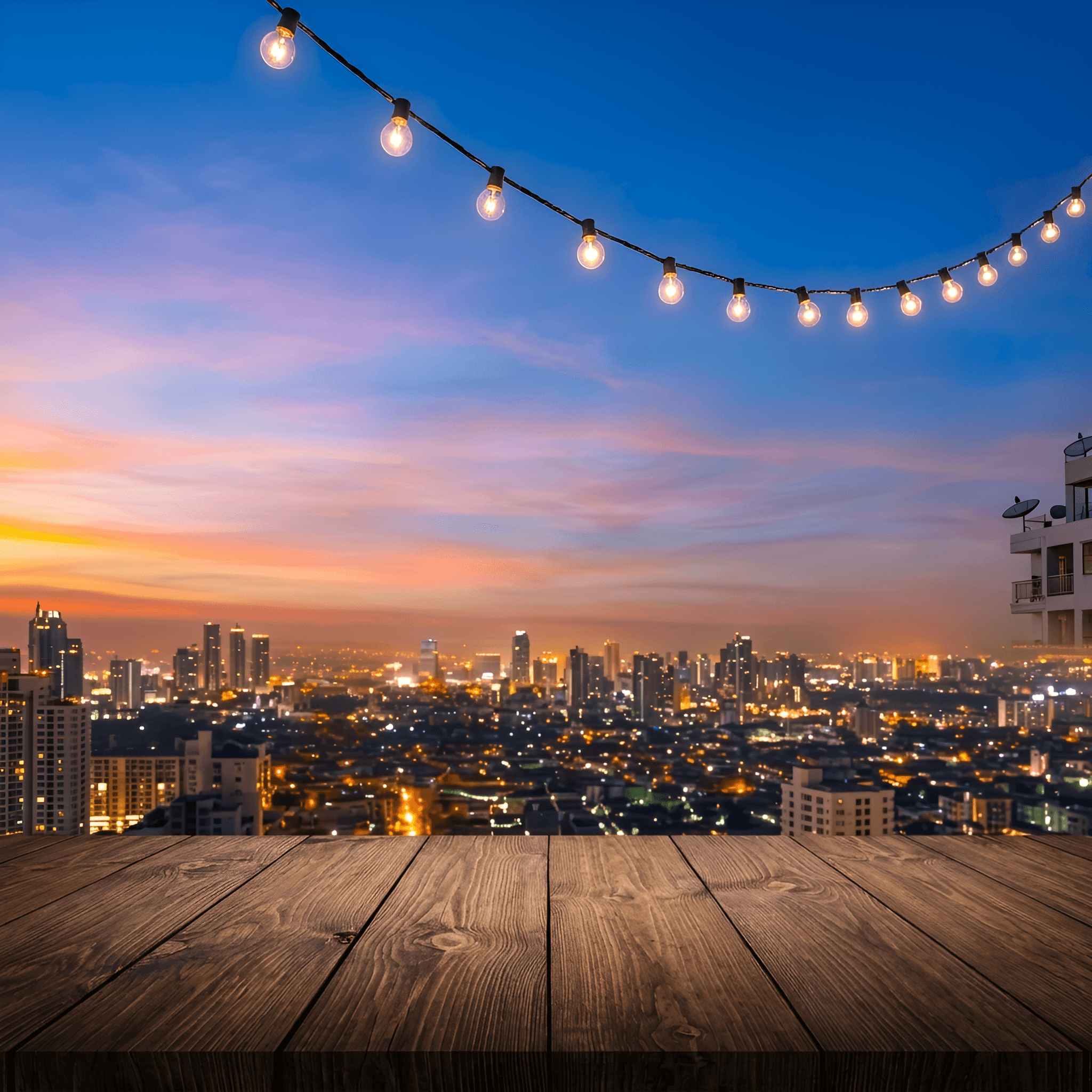 AI Enhanced City Rooftop View | Sharper Skyline & Table