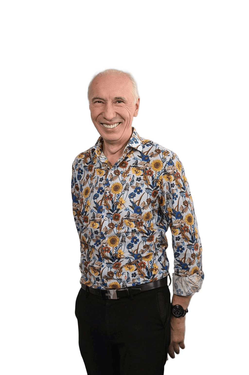 AI Background Removal: Smiling Man in Floral Shirt - BgRemovit