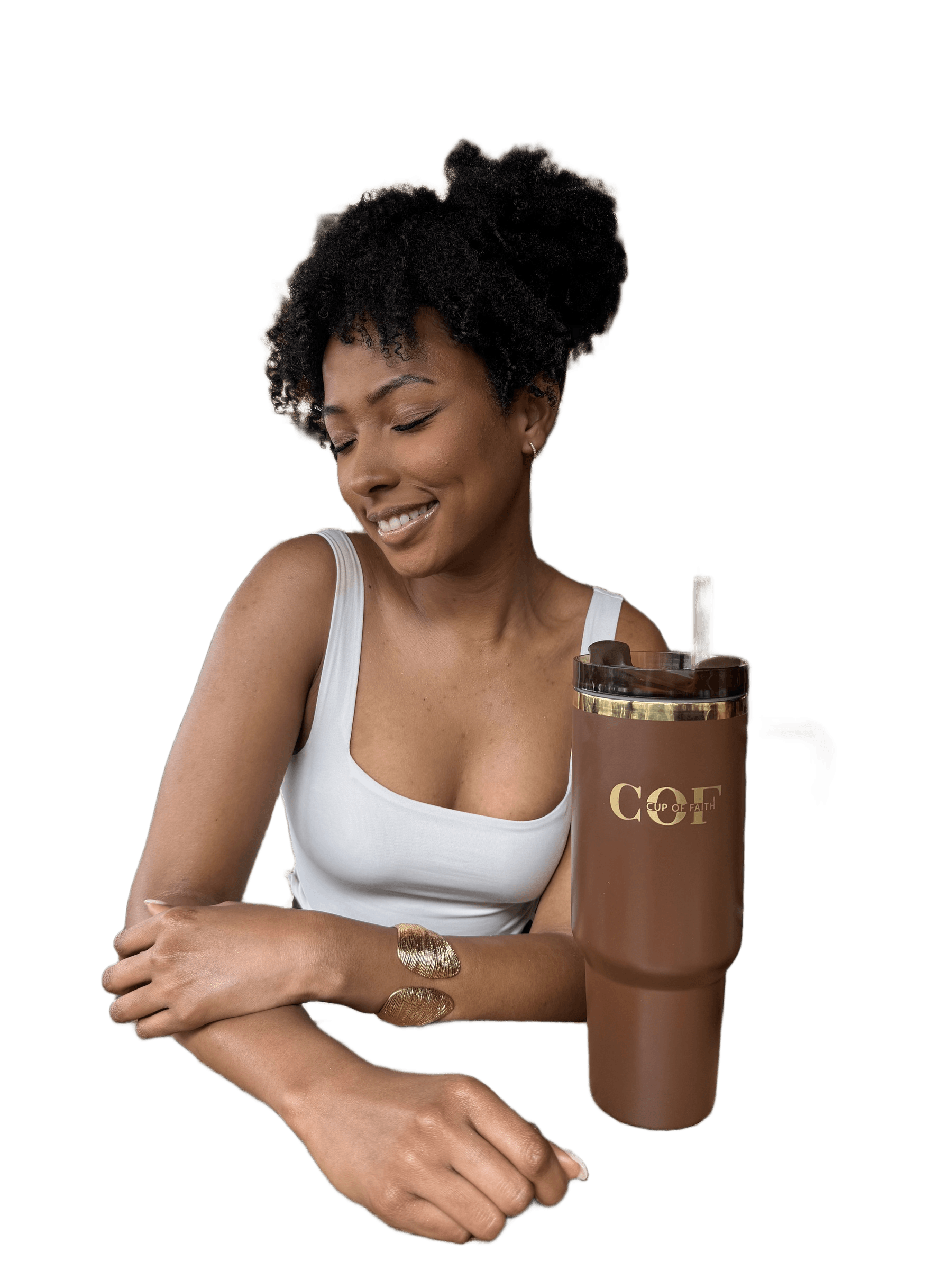 AI Removes Background from Woman with Curly Hair & Coffee Cup