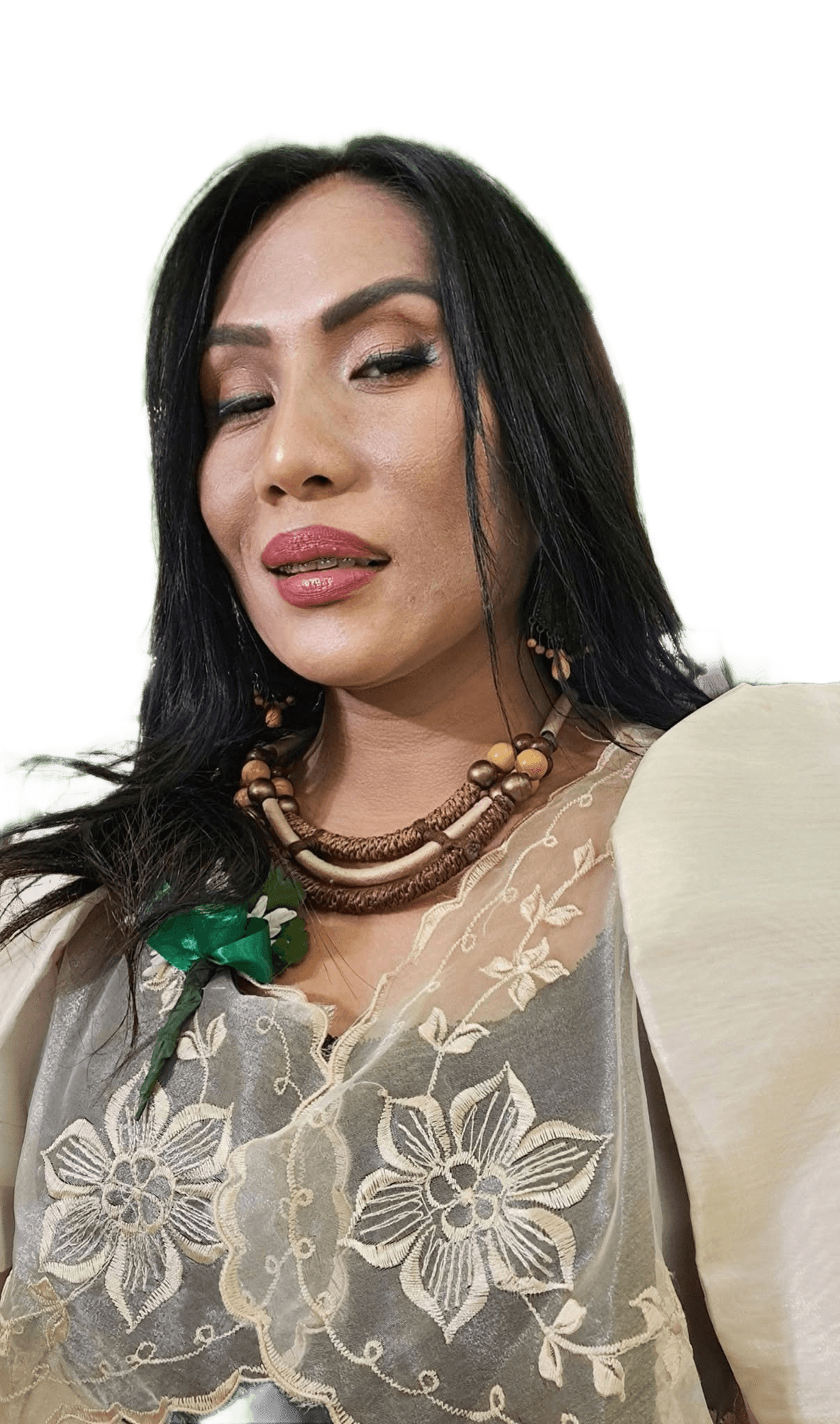 AI Background Removal: Woman with Intricate Lace Dress & Hair