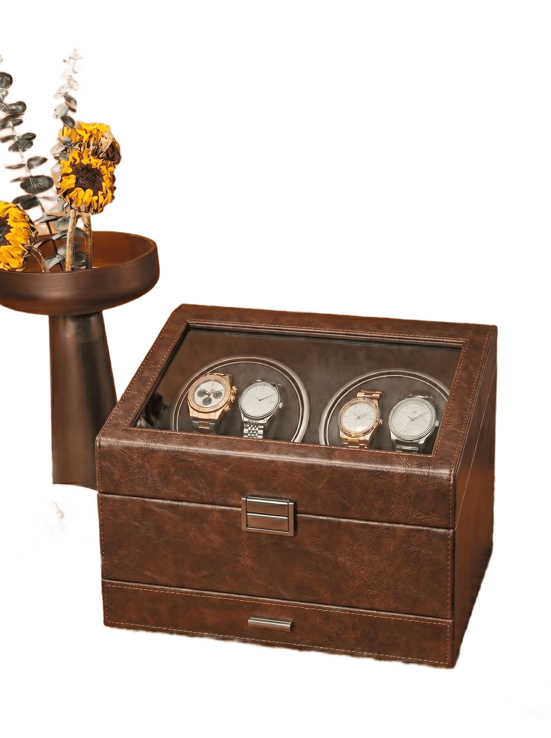 AI Background Removal: Luxury Watch Winder & Sunflowers