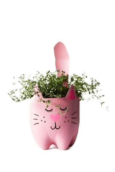 Perfect Background Removal: Pink Cat Planter with Thyme