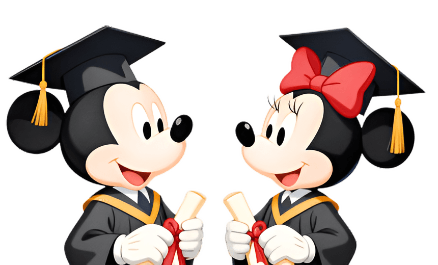 Upscale Mickey & Minnie Graduation Photo | AI Image Enhancer