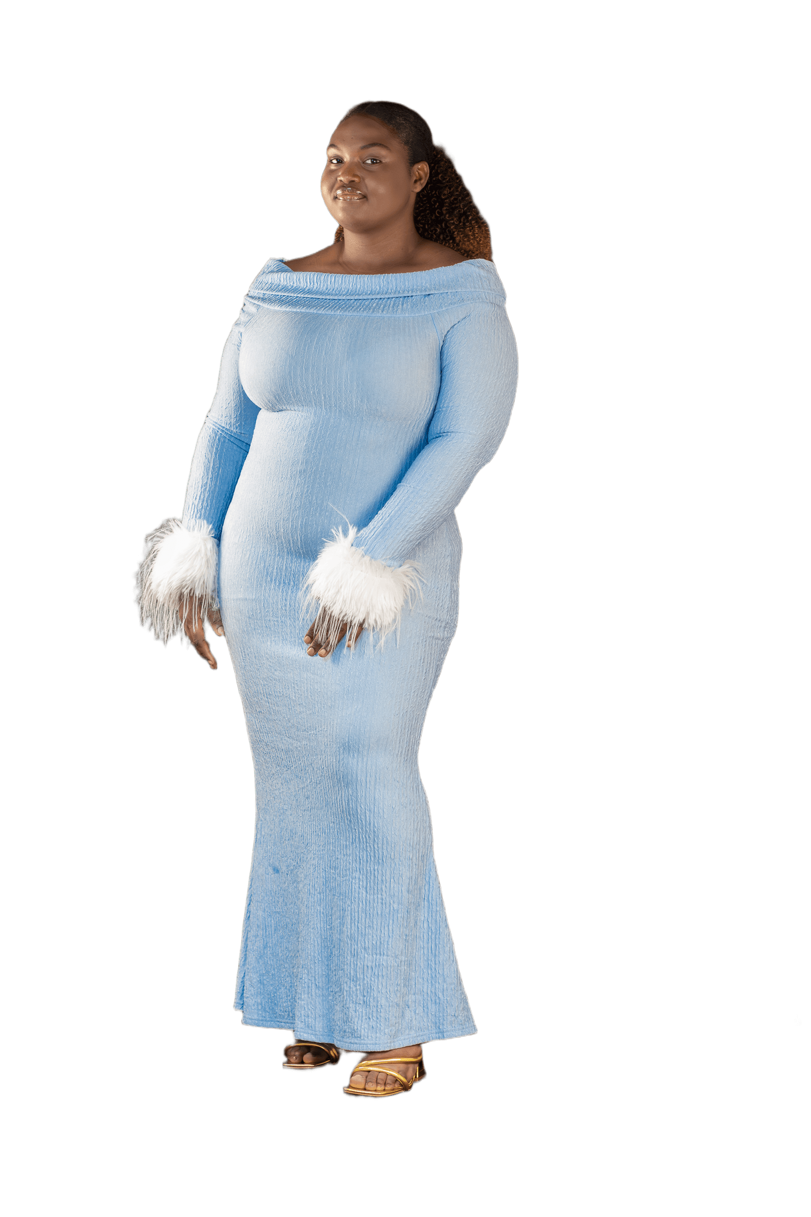 Remove Background from Woman in Blue Dress with Fur Cuffs | BgRemovit