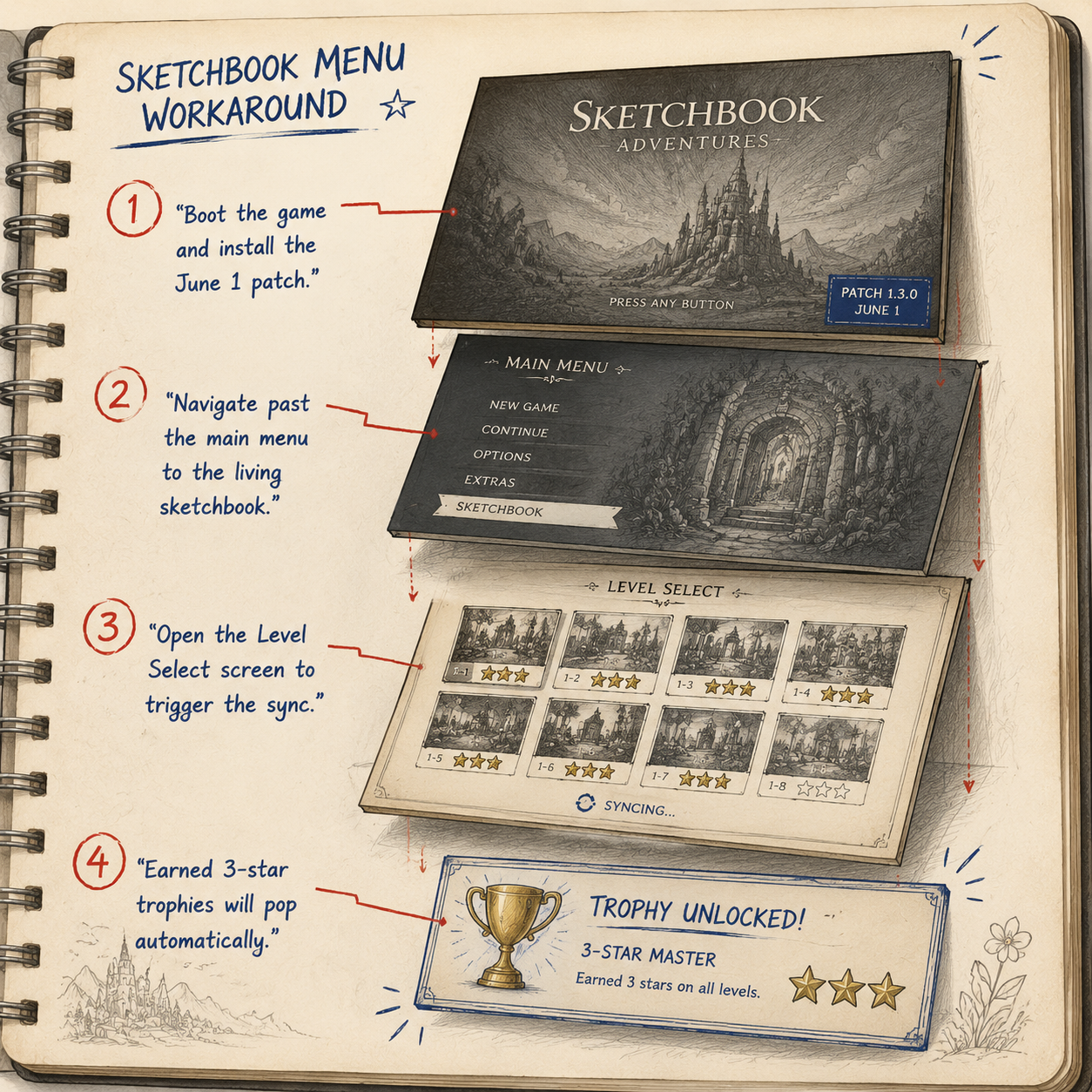 Annotated Diagram: The Level Select menu workaround steps