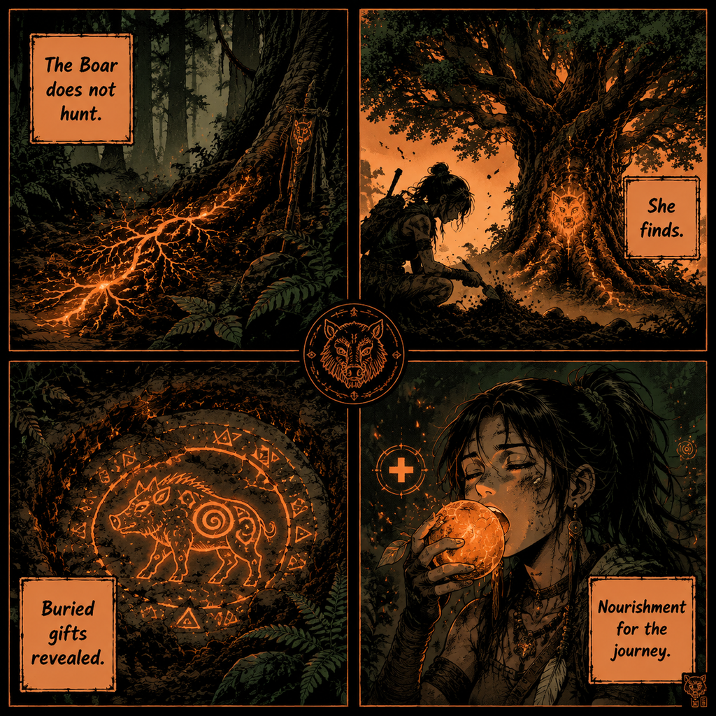 Comic Grid: The Boar totem foraging process.