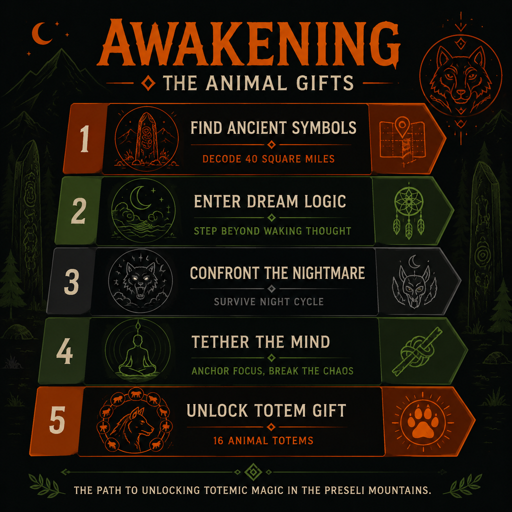 Infographic: The step-by-step process to unlock all 16 animal gifts FIRE The First Dreamer.