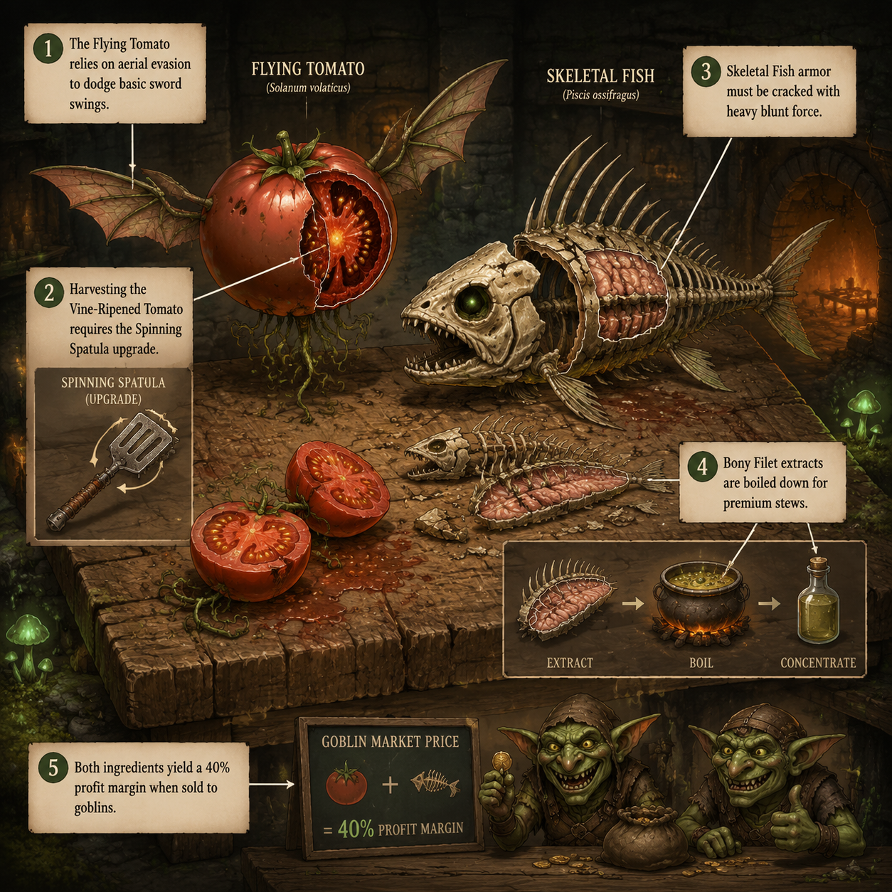 ANNOTATED DIAGRAM: Anatomy and harvesting mechanics for the Flying Tomato and Skeletal Fish.