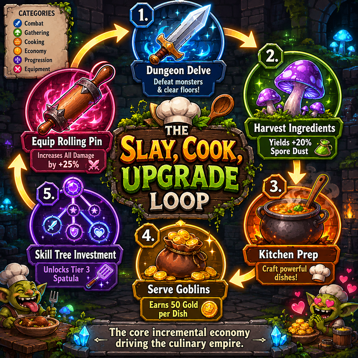 INFOGRAPHIC: The progression loop across all 4 areas Chef Knight features, from the Fungal Foyer to the Hatchery Halls.