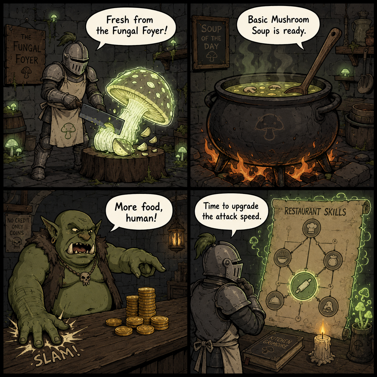 COMIC GRID: The fast-paced restaurant management and goblin feeding phase.