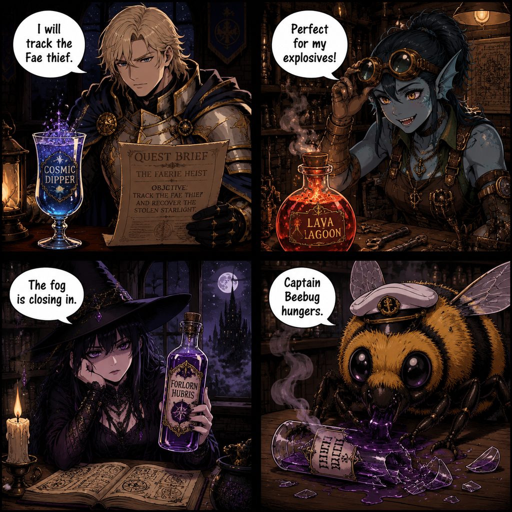 Comic Grid: Character fates based on drink mixing