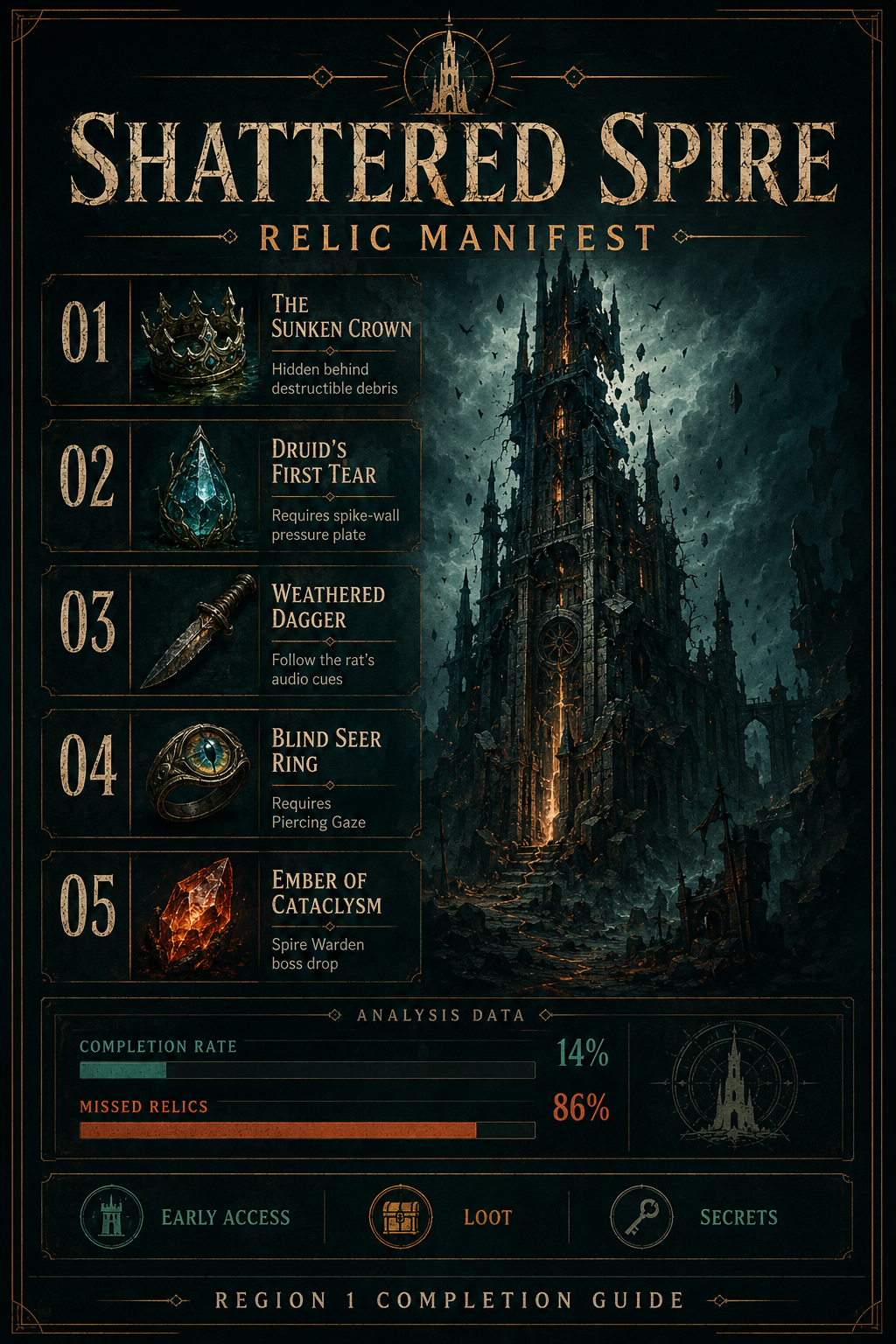 Analysis Report Poster: Shattered Spire Relic Manifest and completion rates