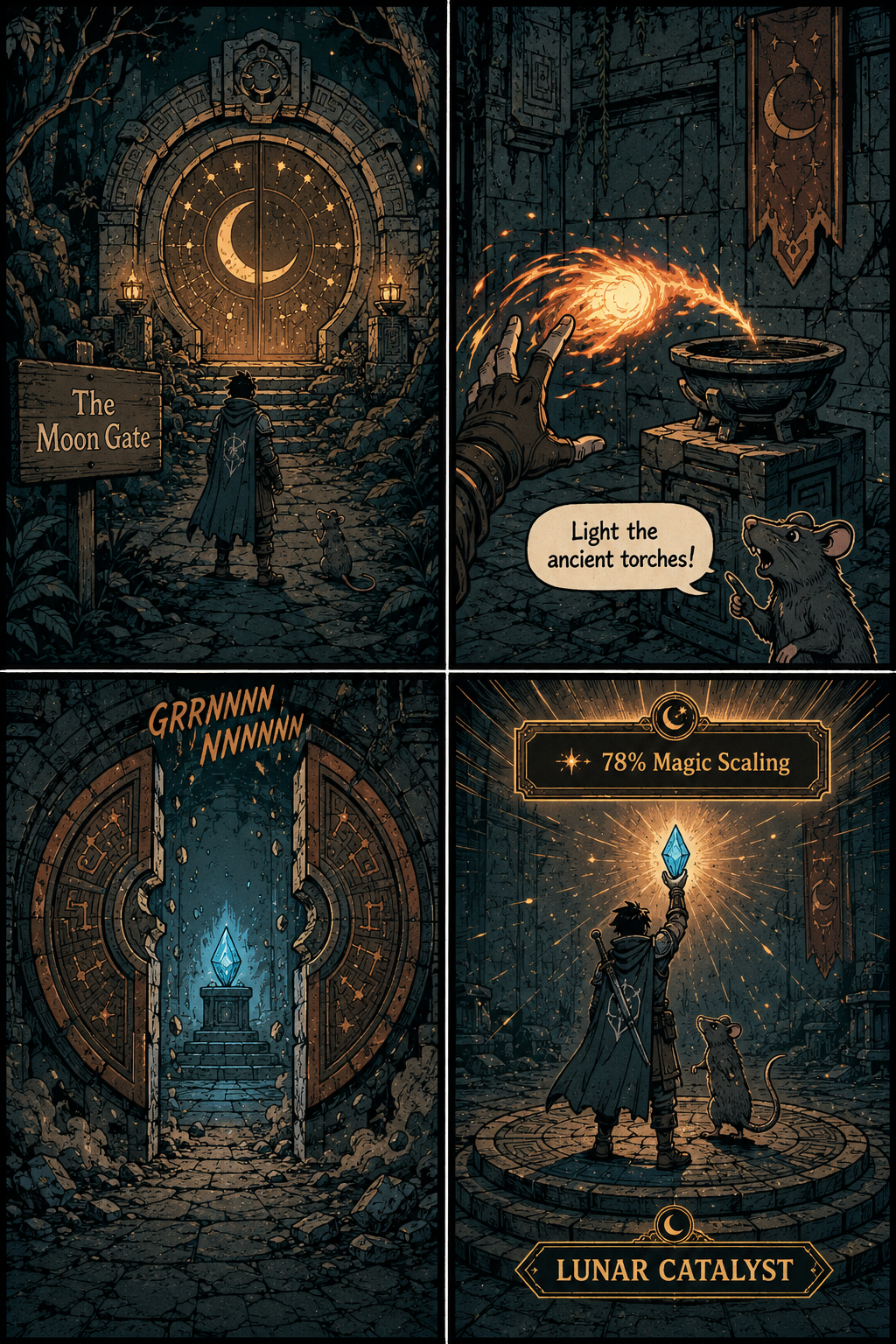 Comic Grid: Solving the Moon Gate ancient torches puzzle to get the Lunar Catalyst