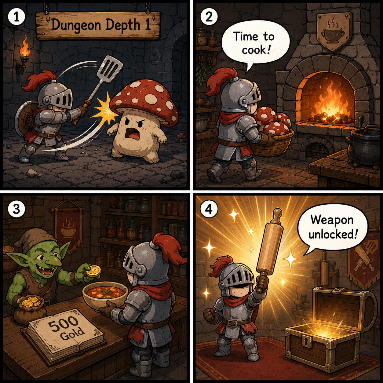 Comic Grid: The slay, cook, sell loop in Chef Knight