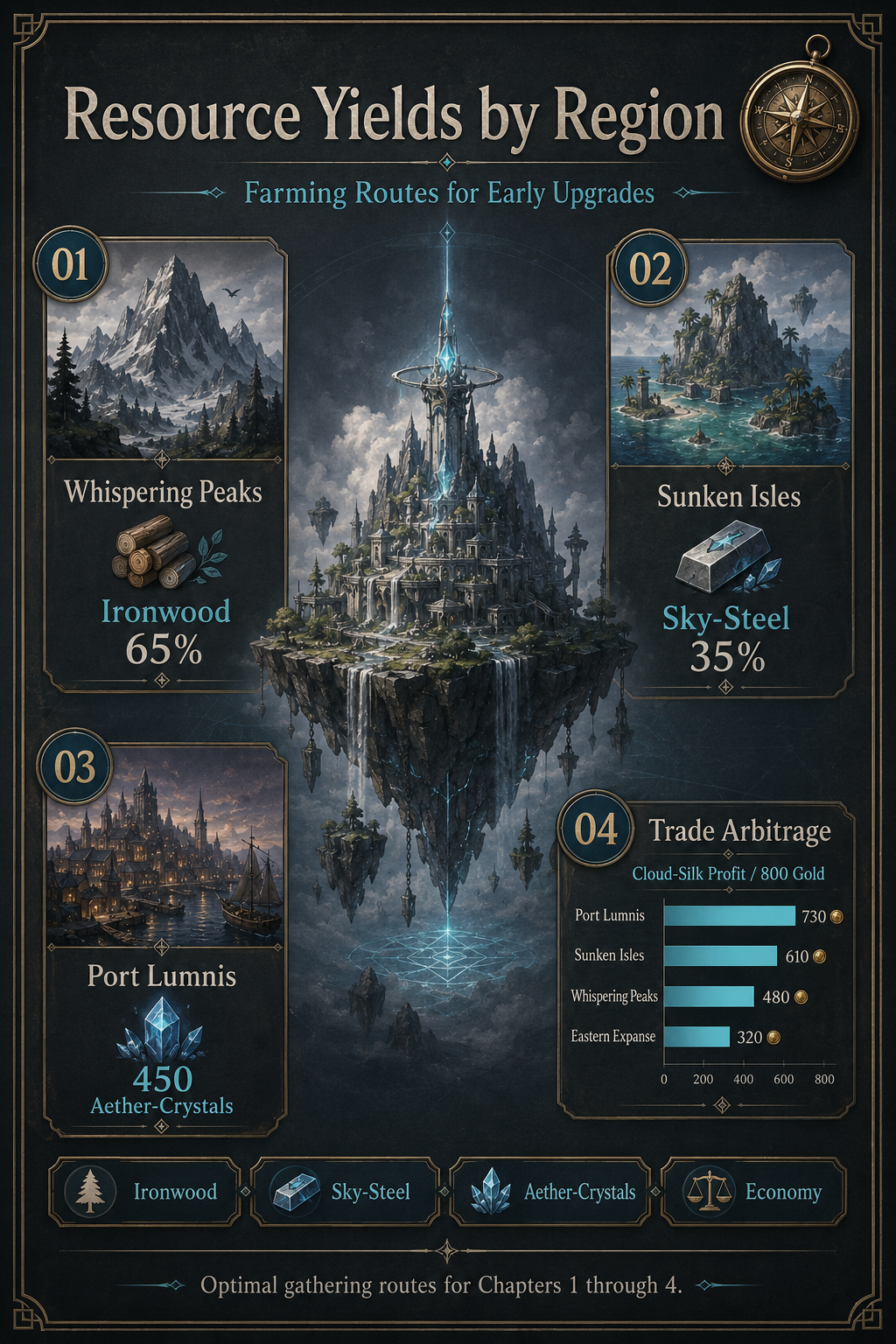 Analysis Report Poster: Resource Yields by Region in Skyship Quest Story
