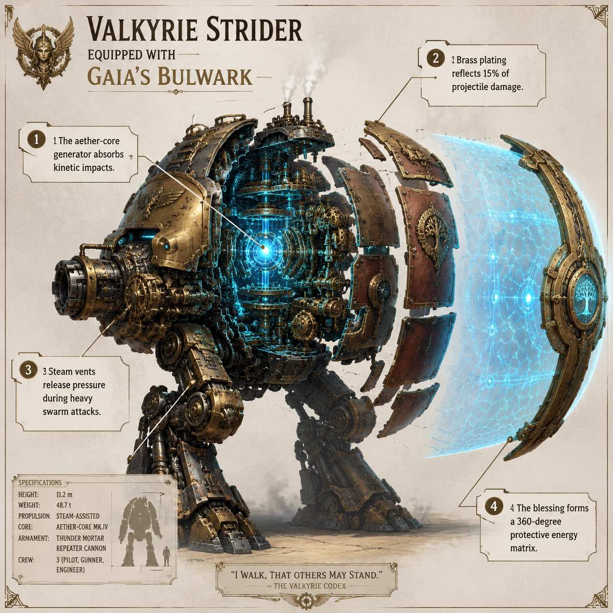 Annotated Diagram: Valkyrie Strider equipped with Gaia's Bulwark shield