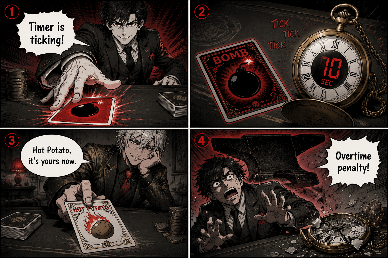 Comic Grid: The interaction between the Bomb and Hot Potato cards in Cheater's Table.