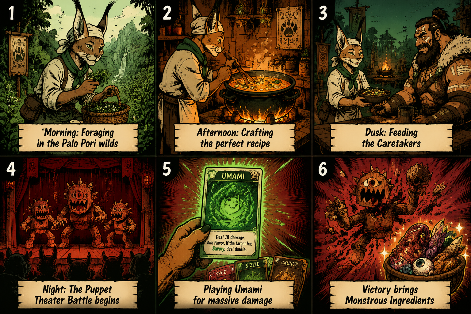 Comic Grid: The daily gameplay loop of gathering, cooking, and combat