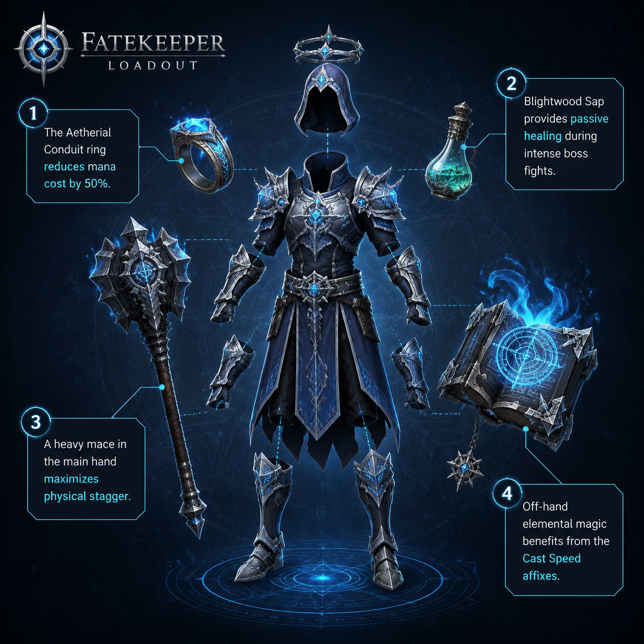 Annotated Diagram: Sword and sorcery hybrid build loadout in Fatekeeper.