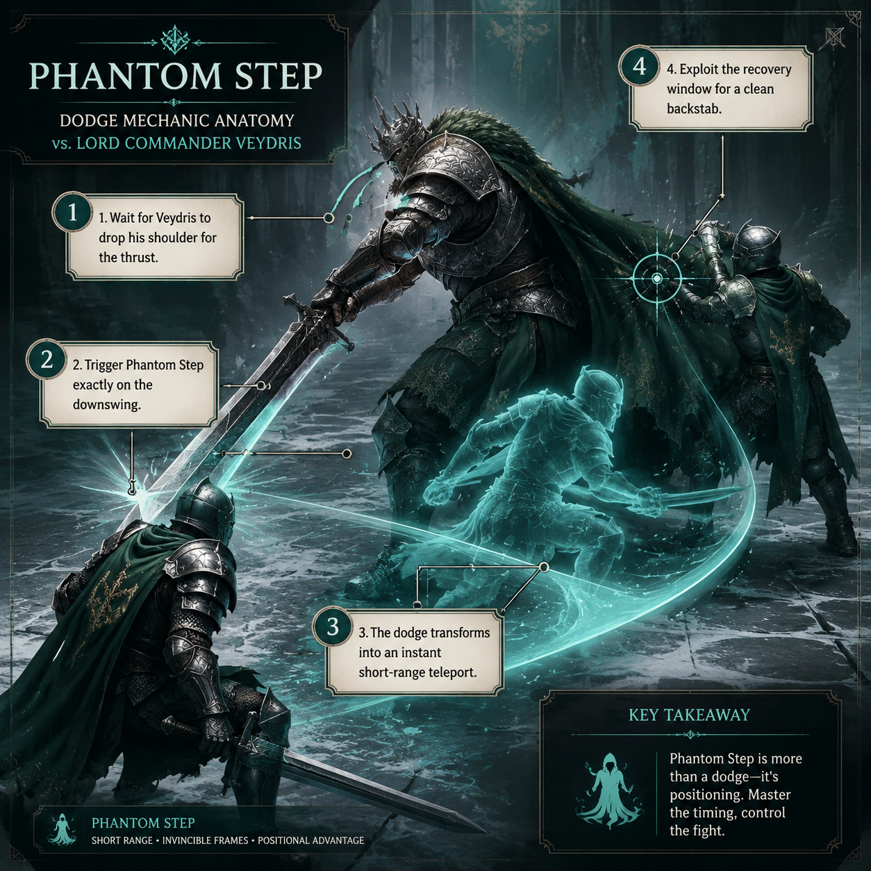 Annotated Diagram: How to use the Phantom Step skill node against Lord Commander Veydris.