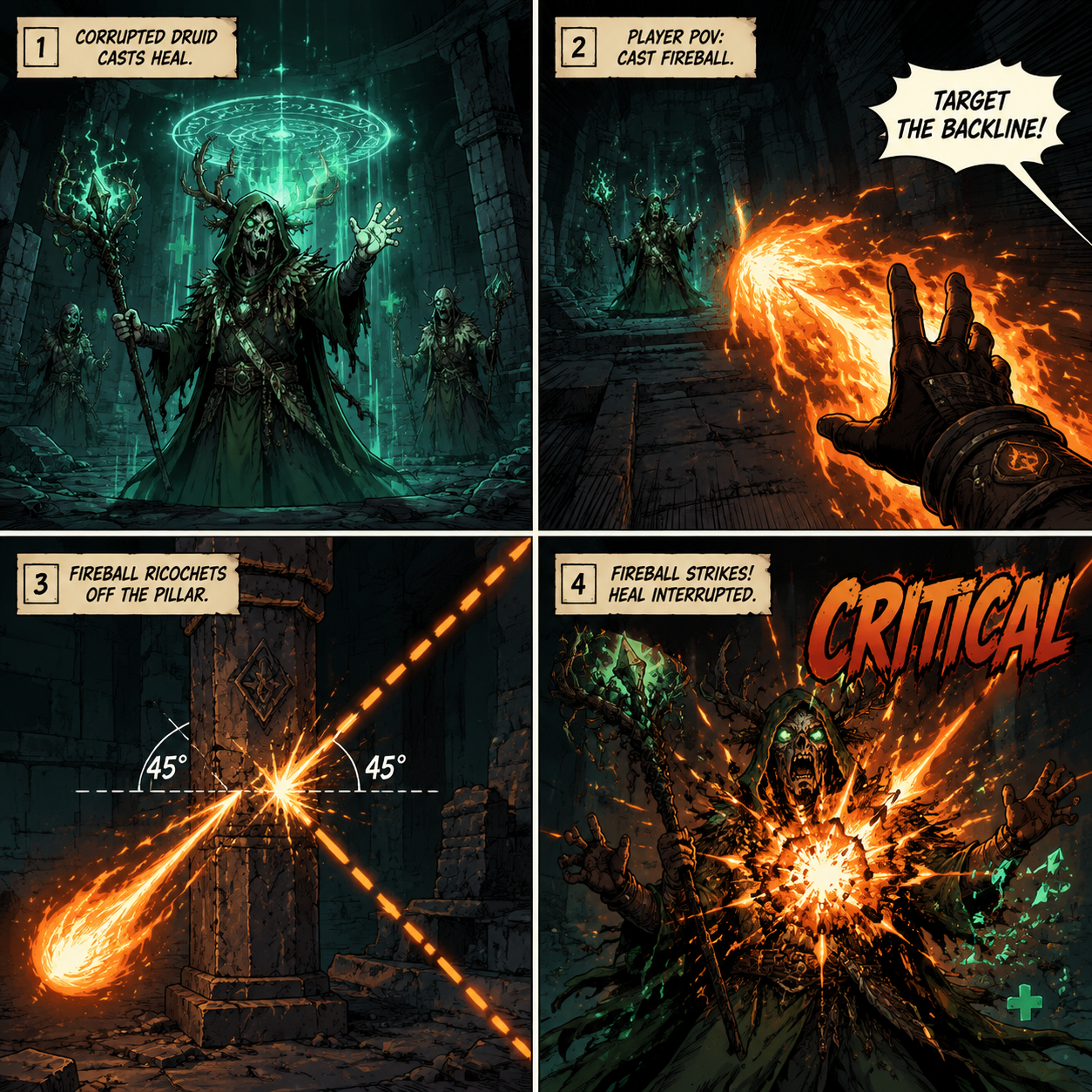 Comic Grid: Using the Pyromancer ricochet skill to interrupt Corrupted Druids.