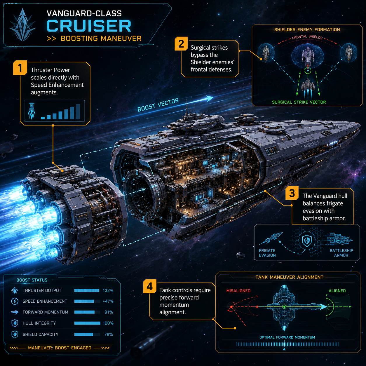 Annotated Diagram: Vanguard Cruiser hit-and-run boosting maneuver