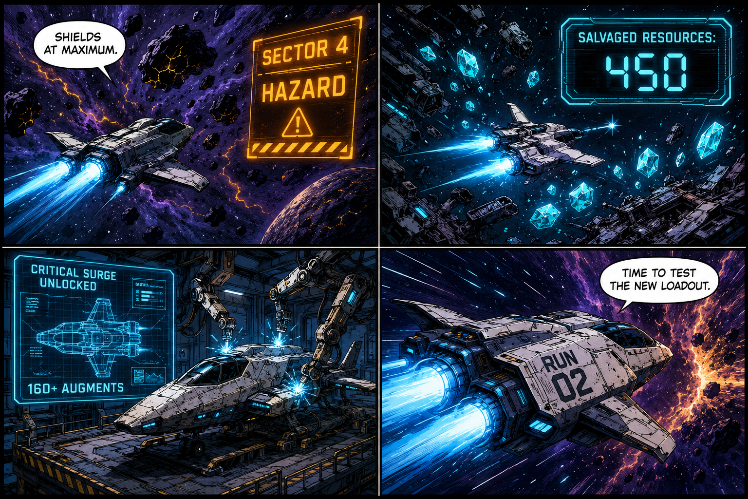 Comic Grid: The meta-progression loop of salvaging resources and unlocking augments
