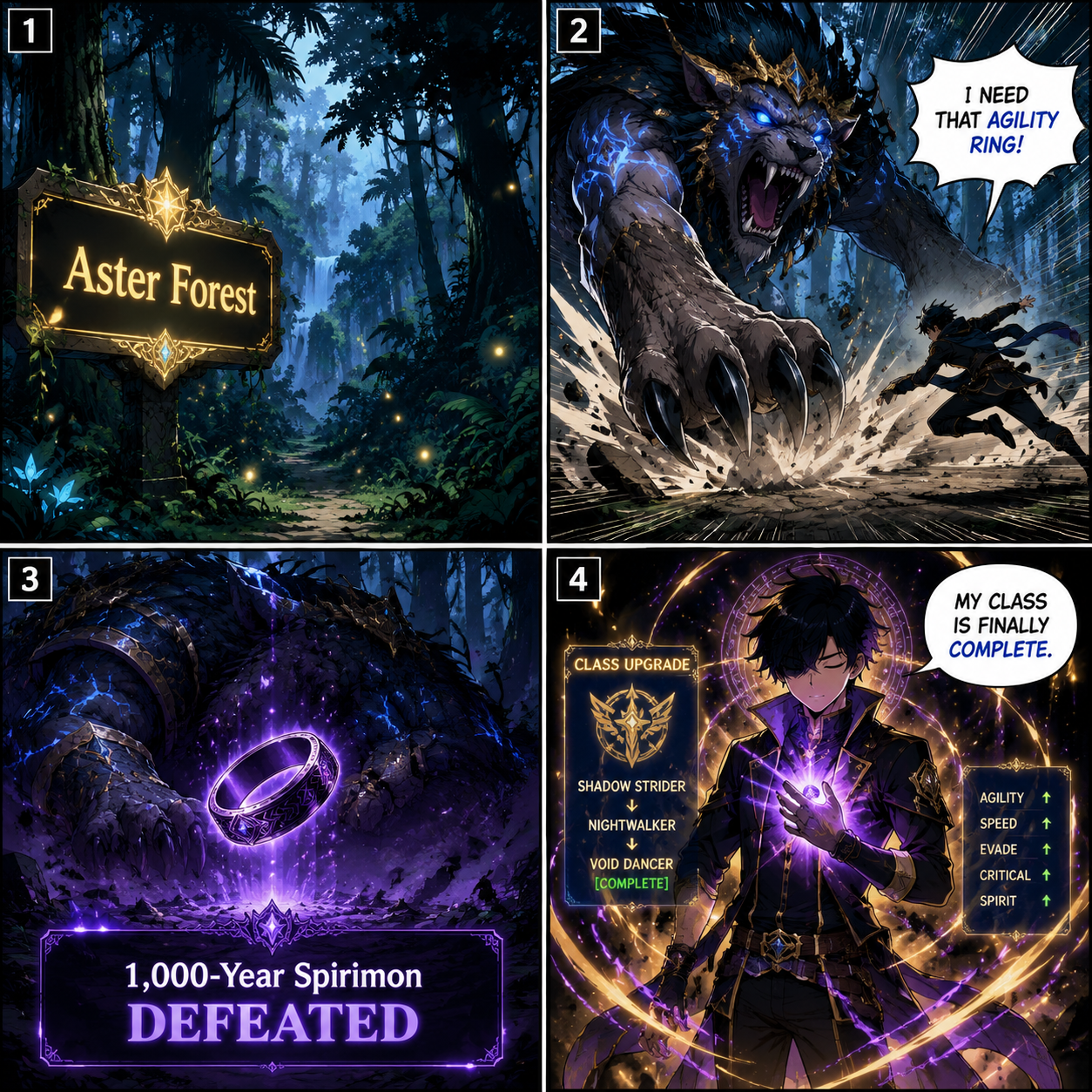 Comic Grid: Hunting a Spirimon in the Aster Forest.