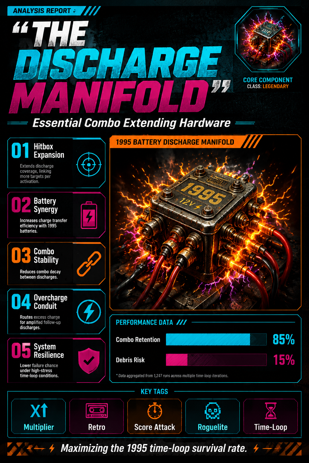 Analysis Report Poster: The Discharge Manifold item stats, highlighting the Hitbox Expansion and Battery Synergy.