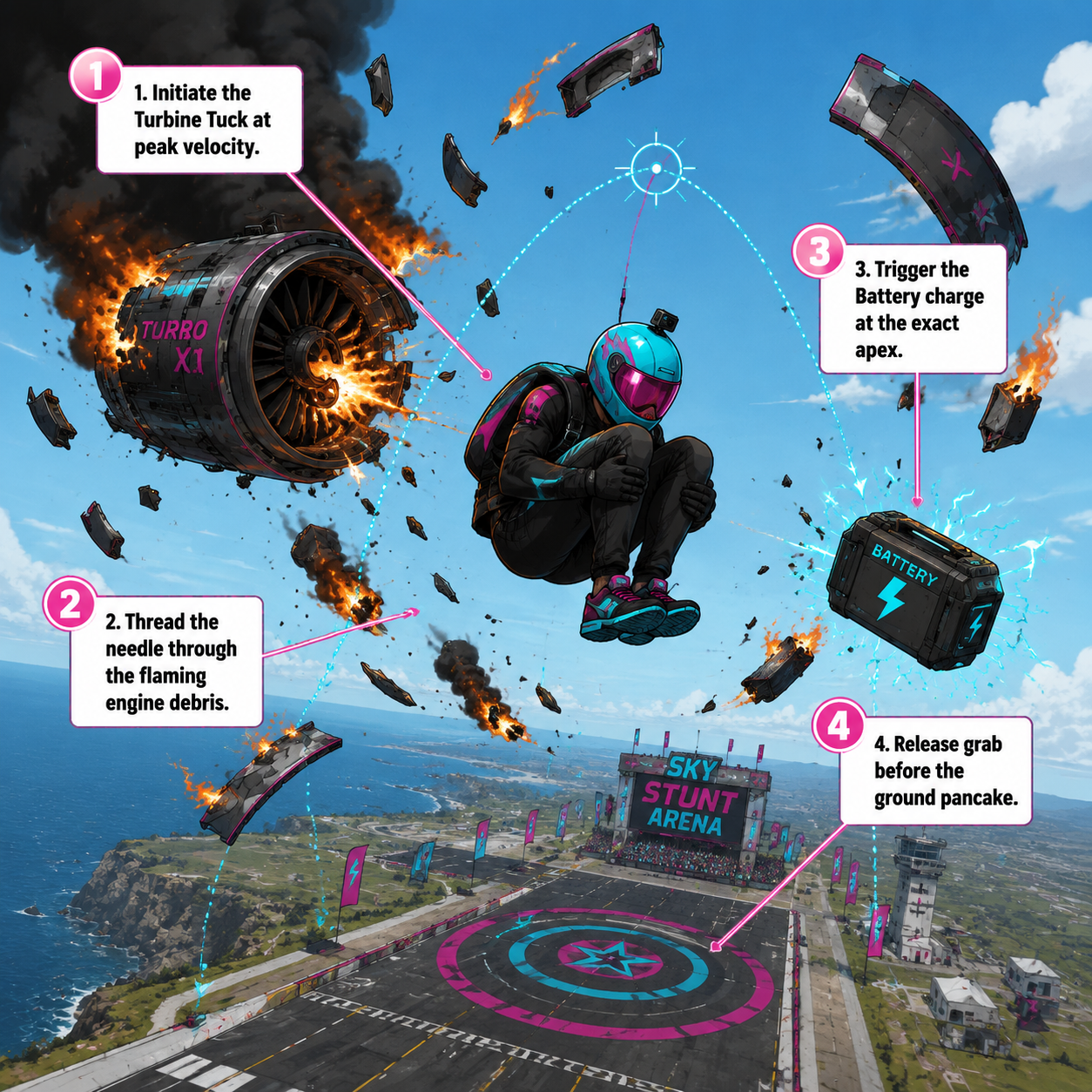 Annotated Diagram: Step-by-step breakdown of executing the Turbine Tuck and using the Battery charge.