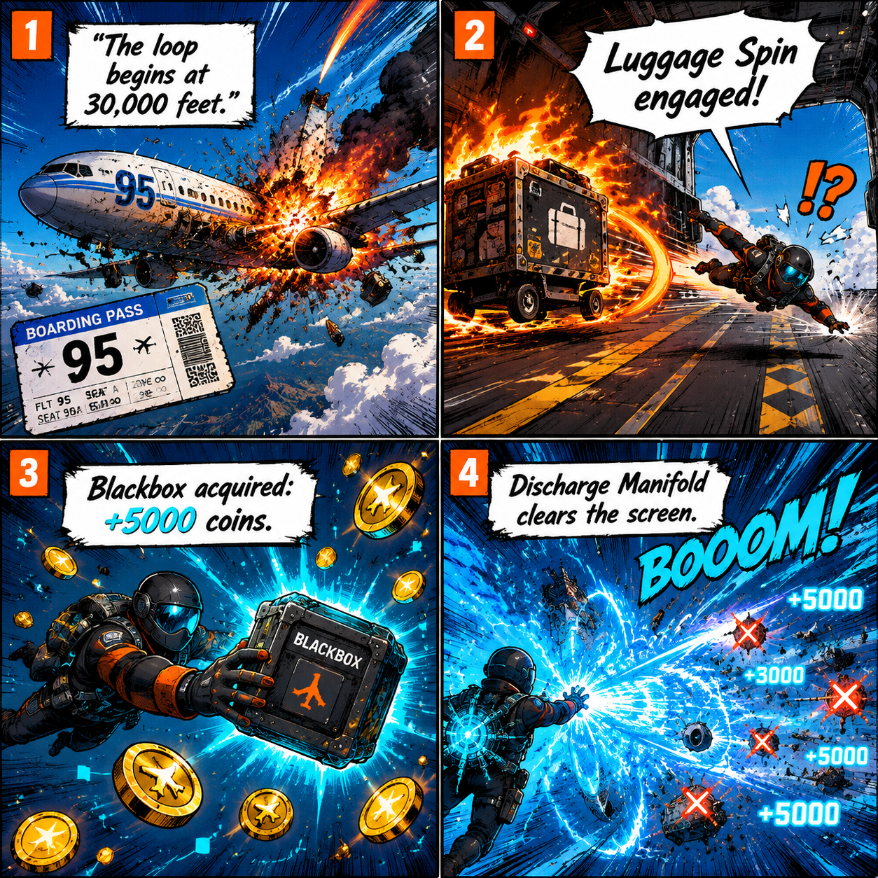 Comic Grid: 4-panel sequence showing a player linking a Luggage Spin to a Blackbox Grab and using the Discharge Manifold.