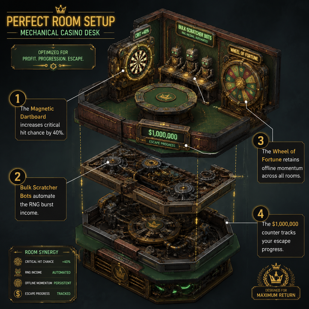 Annotated diagram of a perfect room setup in Fortune Mill.