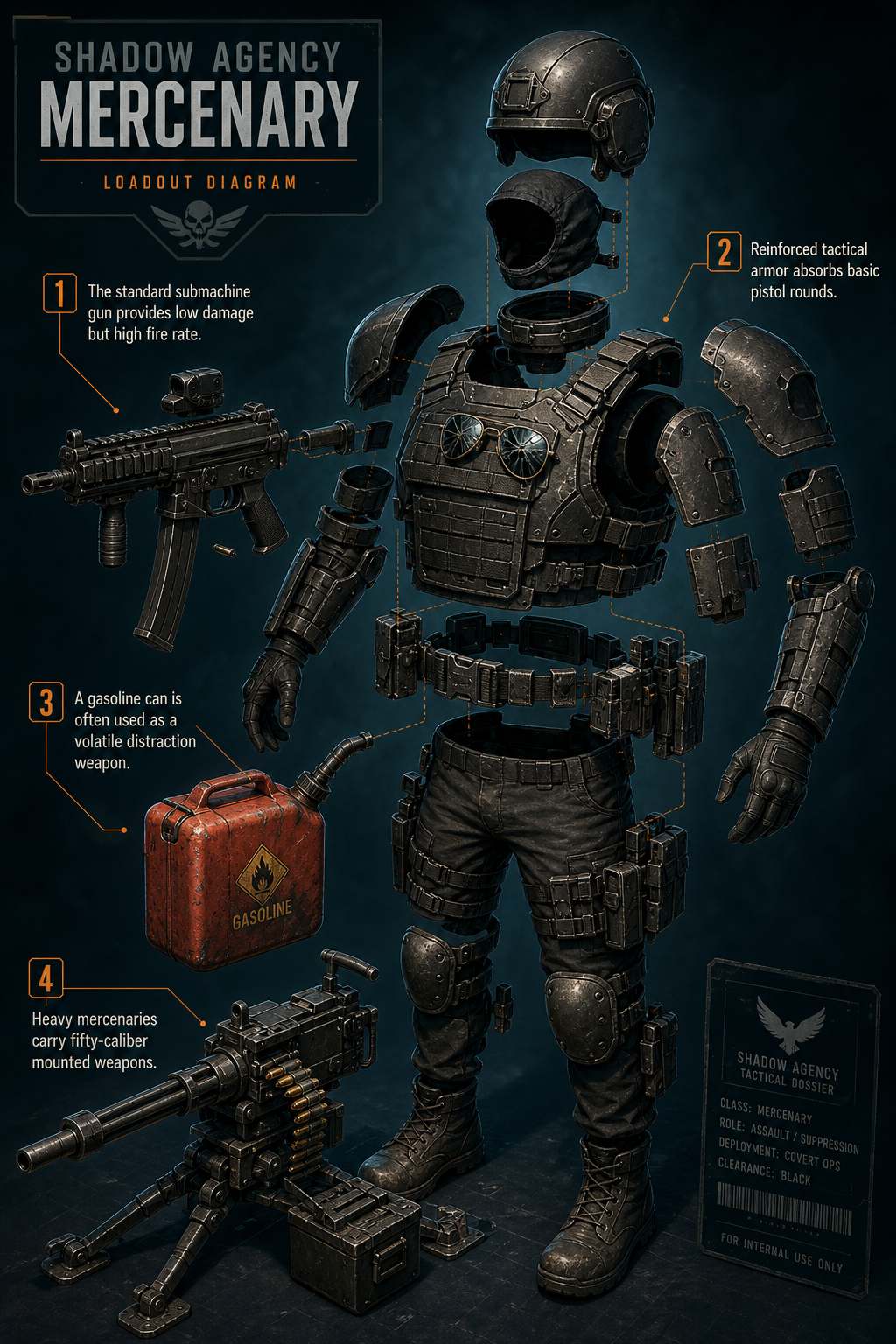 Annotated Diagram: Shadow Agency Mercenary loadout and armor