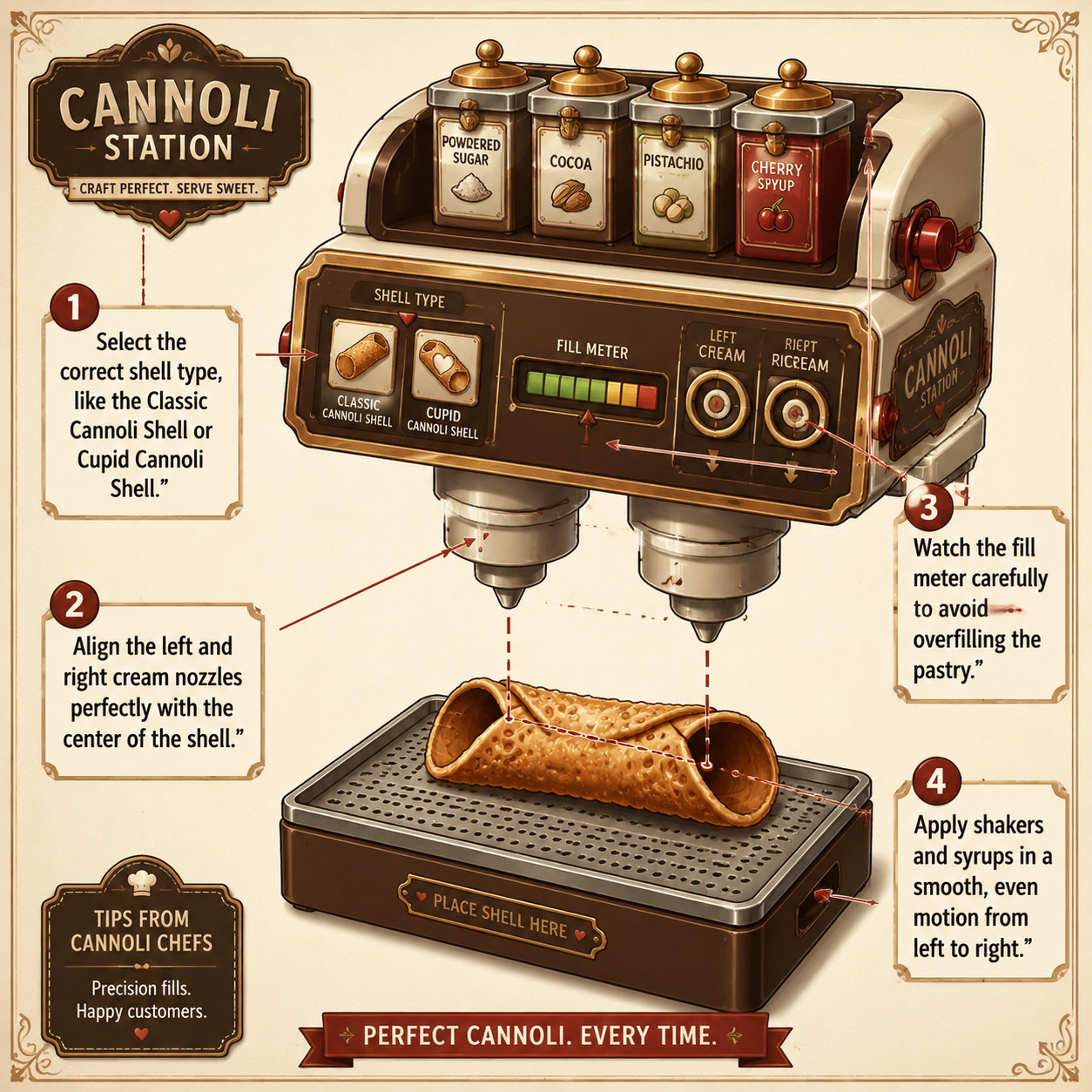 ANNOTATED DIAGRAM: Breakdown of the dessert station machinery and alignment tips.