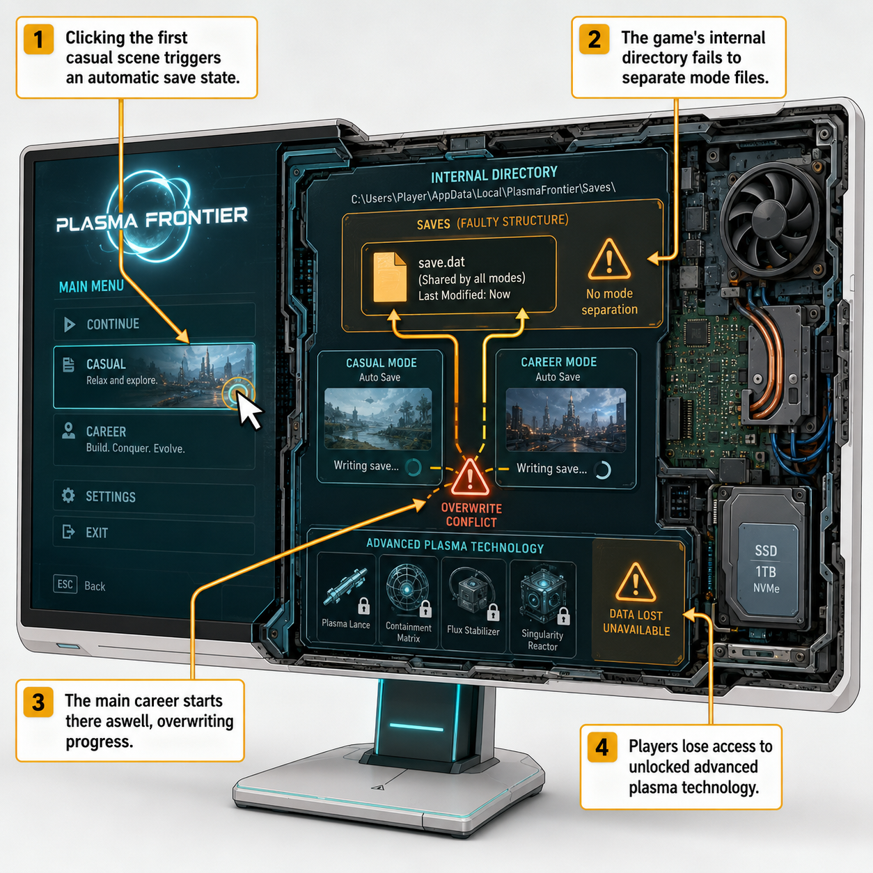 Annotated Diagram: How the save bug overwrites career progress.