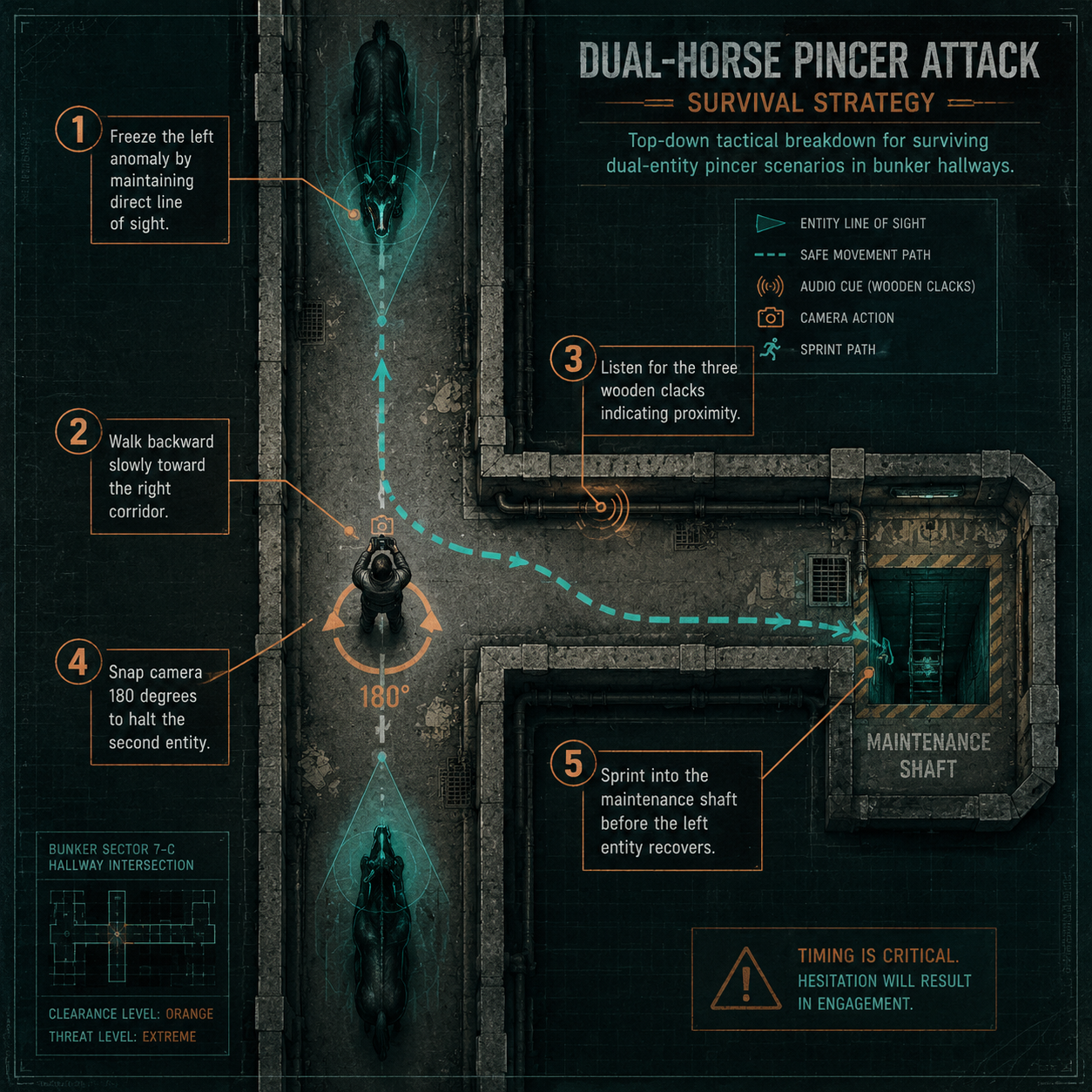 Annotated Diagram: Pincer attack survival strategy