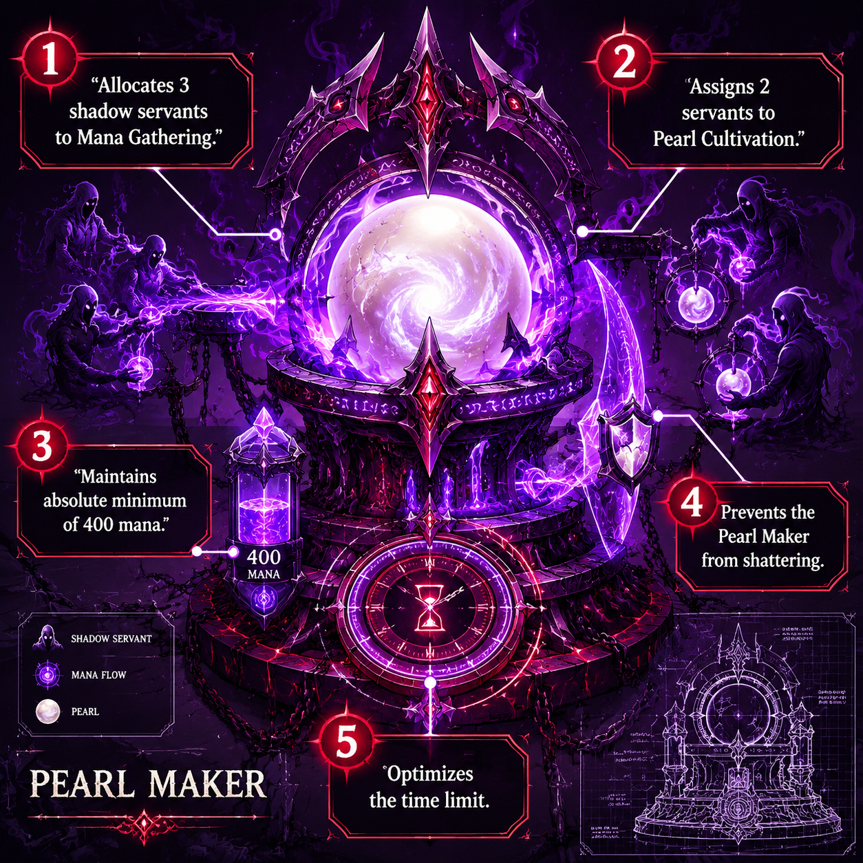 Annotated diagram of the Pearl Maker resource generator and shadow servant allocation