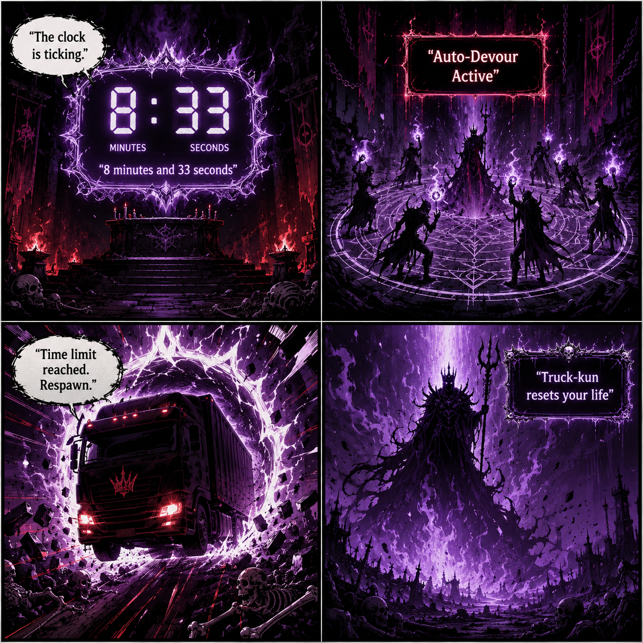 Comic grid illustrating the 8 minutes and 33 seconds time limit and Truck-kun respawn
