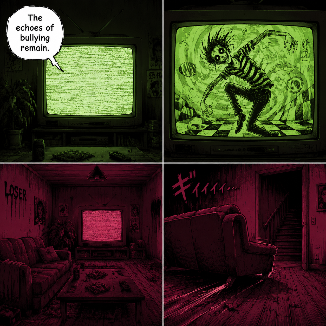 Comic grid illustrating the TV cutscene and red light shift