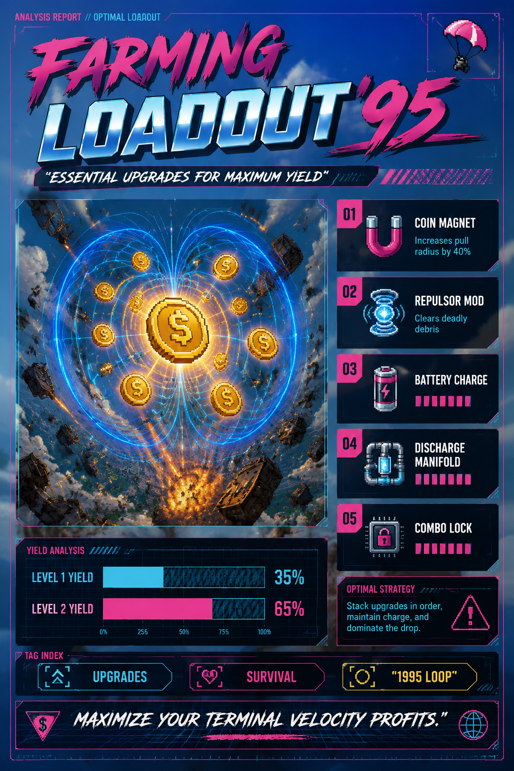 ANALYSIS REPORT POSTER: Optimal farming loadout and essential upgrades.