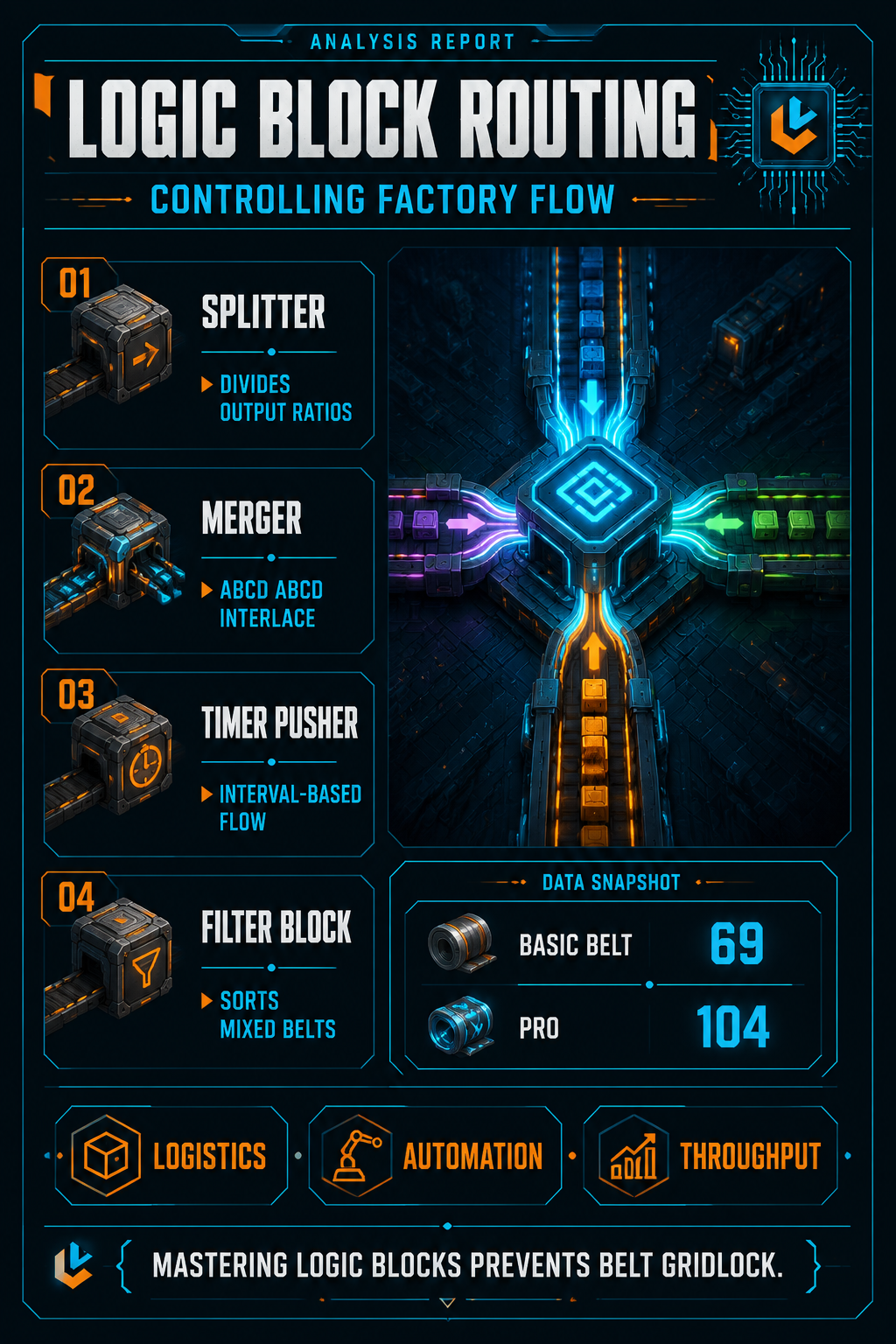 Analysis report poster detailing logic blocks in Astro Colony
