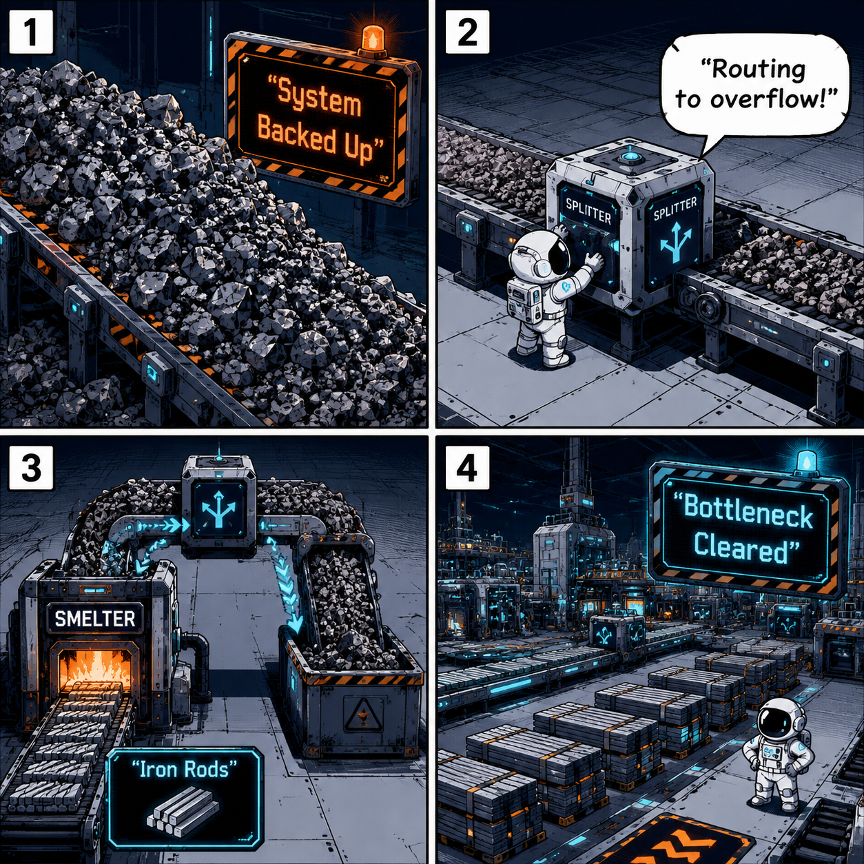 Comic grid showing how to fix the iron rod bottleneck