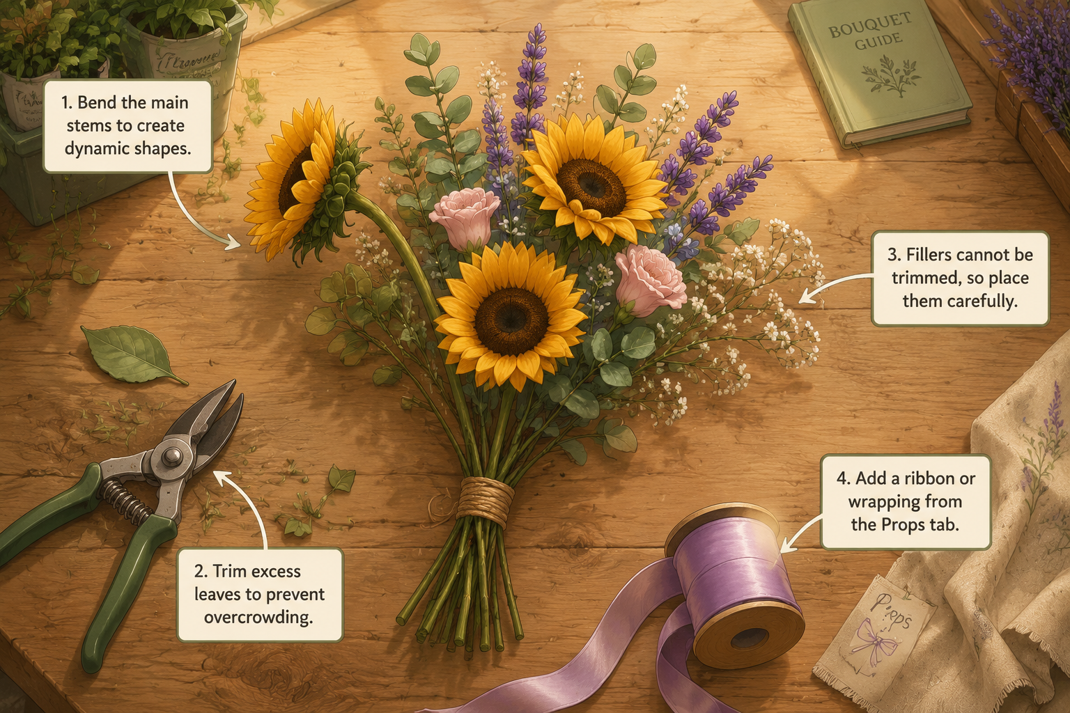 Annotated Diagram: Workbench mechanics for bouquet construction.