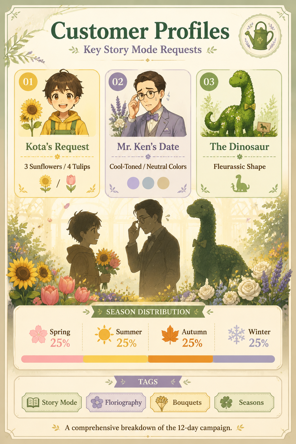 Analysis Report Poster: Early-game customer profiles including Kota and Mr. Ken.