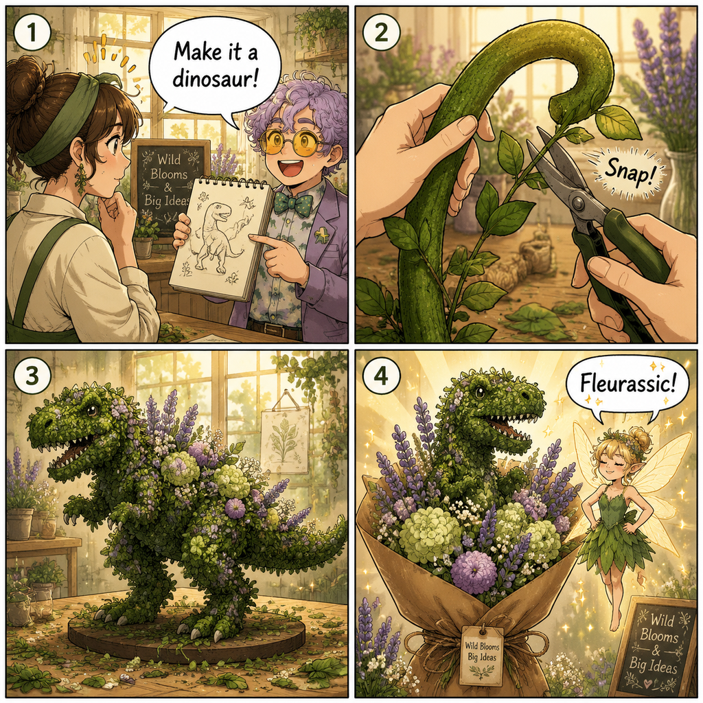 Comic Grid: Step-by-step creation of the Fleurassic dinosaur bouquet.