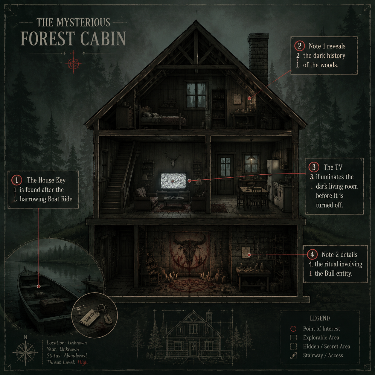 Annotated Diagram: The cabin layout and lore notes in ItLivesInTheWoods